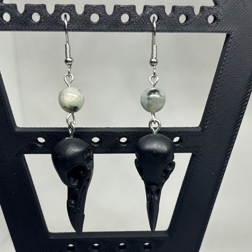 Kiwi Jasper Raven Skull Dangle Earrings